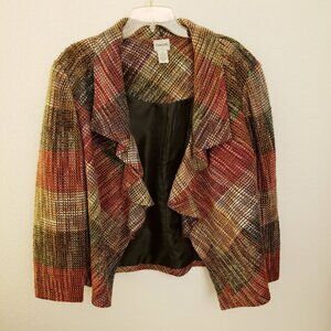 Chico's Red/Green/Tan Fully Lined Ruffle Trim Holiday Plaid Jacket Sz XL EUC